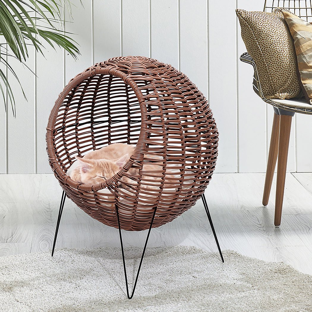 Rattan Pet Bed Elevated Cat Dog House Round Wicker Basket Kennel Egg Shape - Bedzy Australia