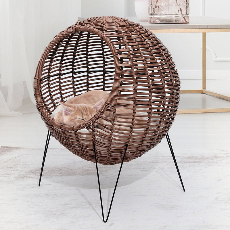 Rattan Pet Bed Elevated Cat Dog House Round Wicker Basket Kennel Egg Shape - Bedzy Australia
