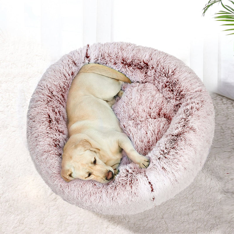 Pet Bed Cat Dog Donut Nest Calming Mat Soft Plush Kennel Pink L - Bedzy Australia