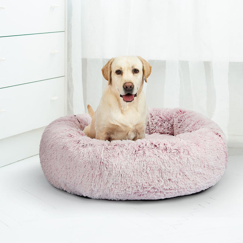 Pet Bed Cat Dog Donut Nest Calming Mat Soft Plush Kennel Pink XL - Bedzy Australia