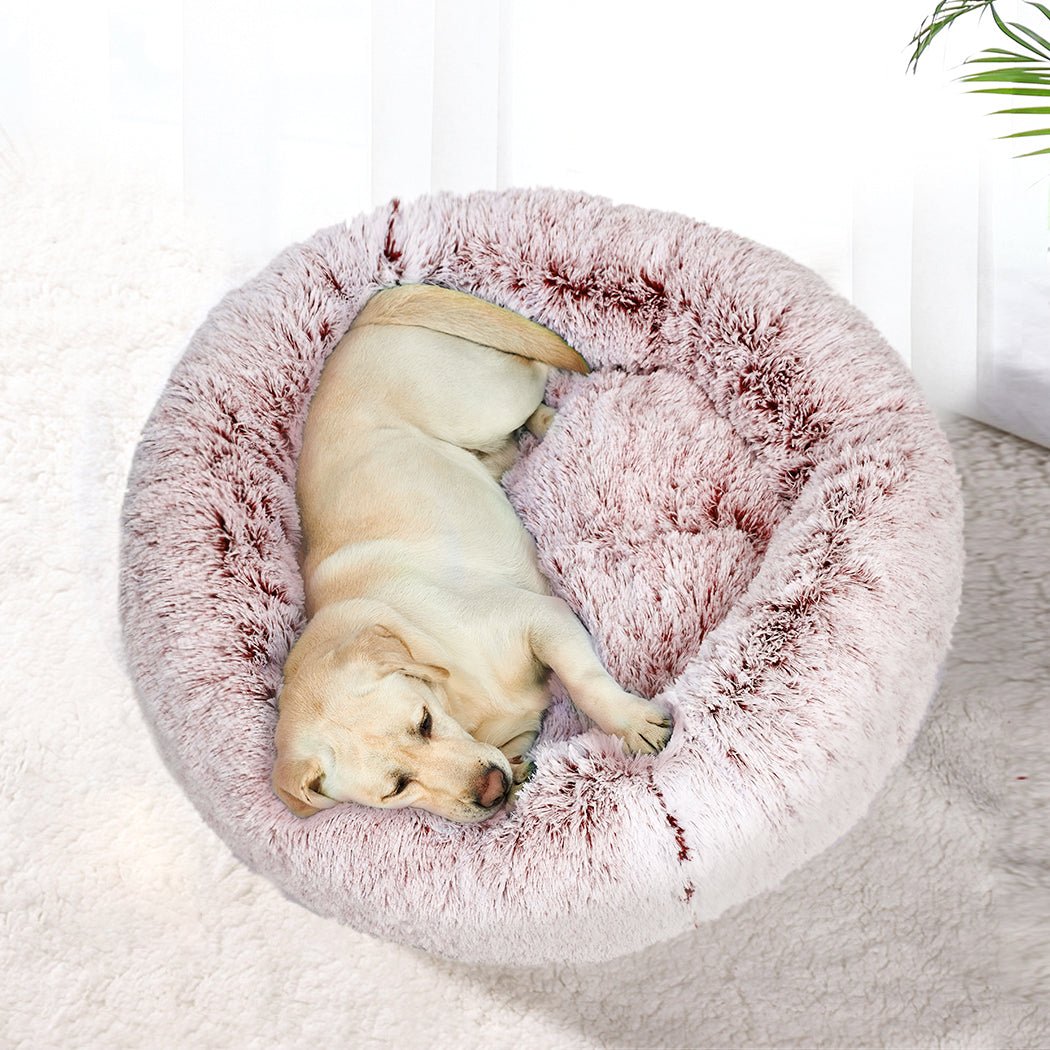 Pet Bed Cat Dog Donut Nest Calming Mat Soft Plush Kennel Pink XL - Bedzy Australia