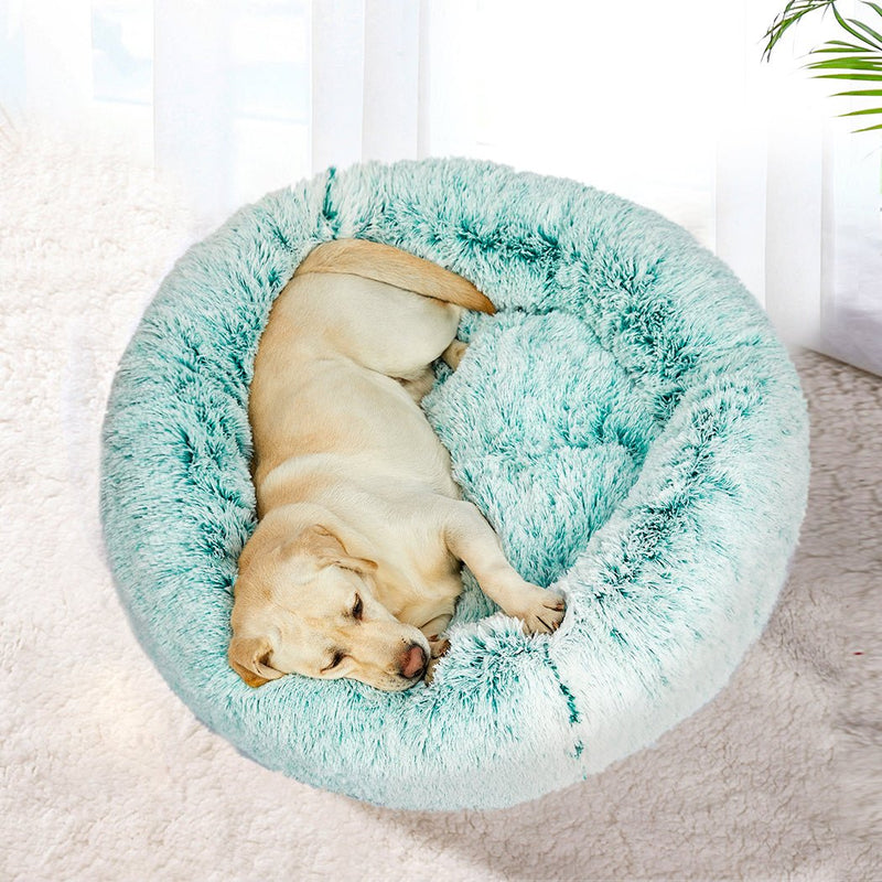 Pet Bed Cat Dog Donut Nest Calming Mat Soft Plush Kennel Teal L - Bedzy Australia