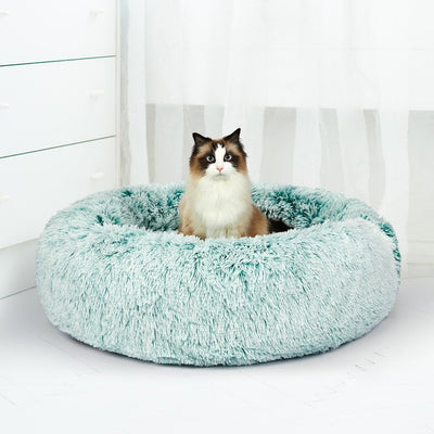 Pet Bed Cat Dog Donut Nest Calming Mat Soft Plush Kennel Teal L - Bedzy Australia