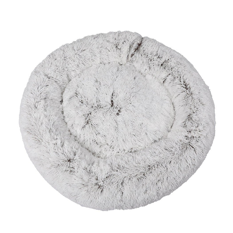 Pet Bed Cat Dog Donut Nest Calming Mat Soft Plush Kennel White with Coffee Hint L - Bedzy Australia