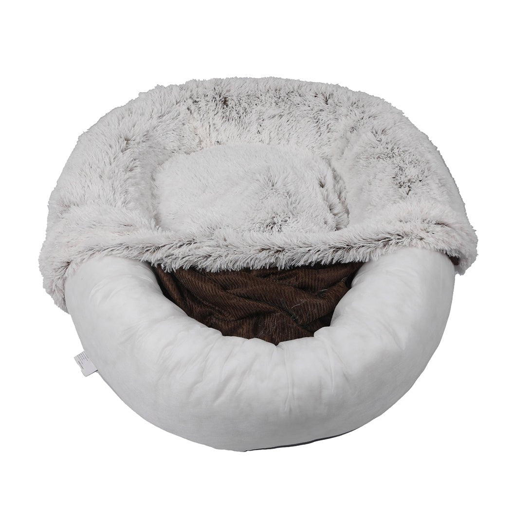 Pet Bed Cat Dog Donut Nest Calming Mat Soft Plush Kennel White with Coffee Hint L - Bedzy Australia