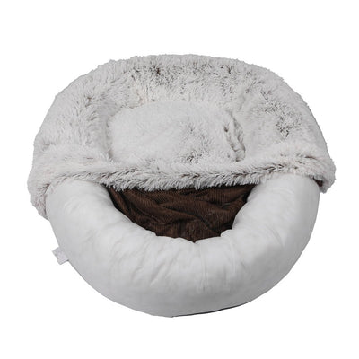 Pet Bed Cat Dog Donut Nest Calming Mat Soft Plush Kennel White with Coffee Hint L - Bedzy Australia