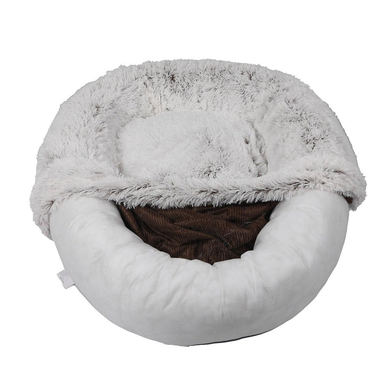 Pet Bed Cat Dog Donut Nest Calming Mat Soft Plush Kennel White with Coffee Hint L - Bedzy Australia