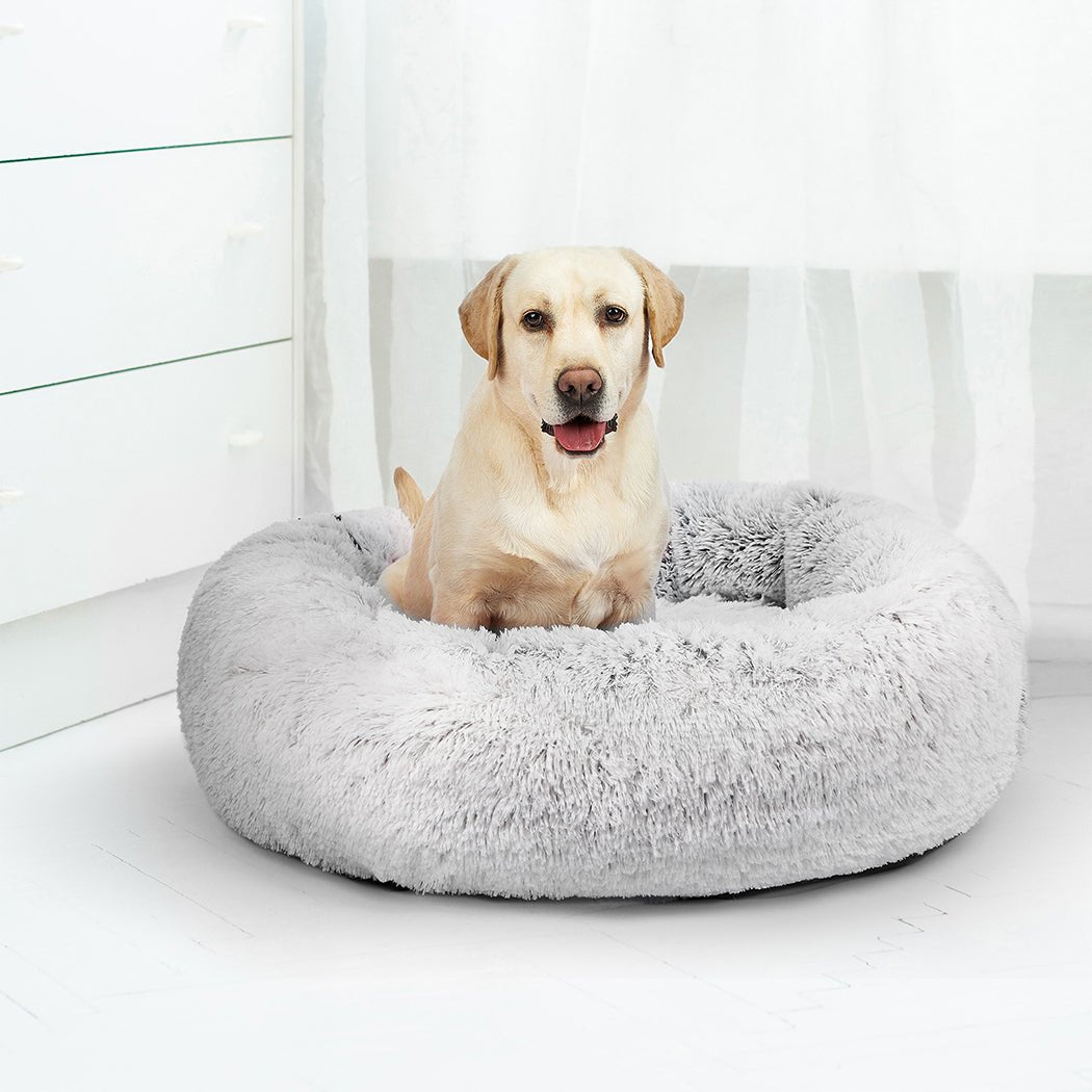 Pet Bed Cat Dog Donut Nest Calming Mat Soft Plush Kennel White with Coffee Hint L - Bedzy Australia