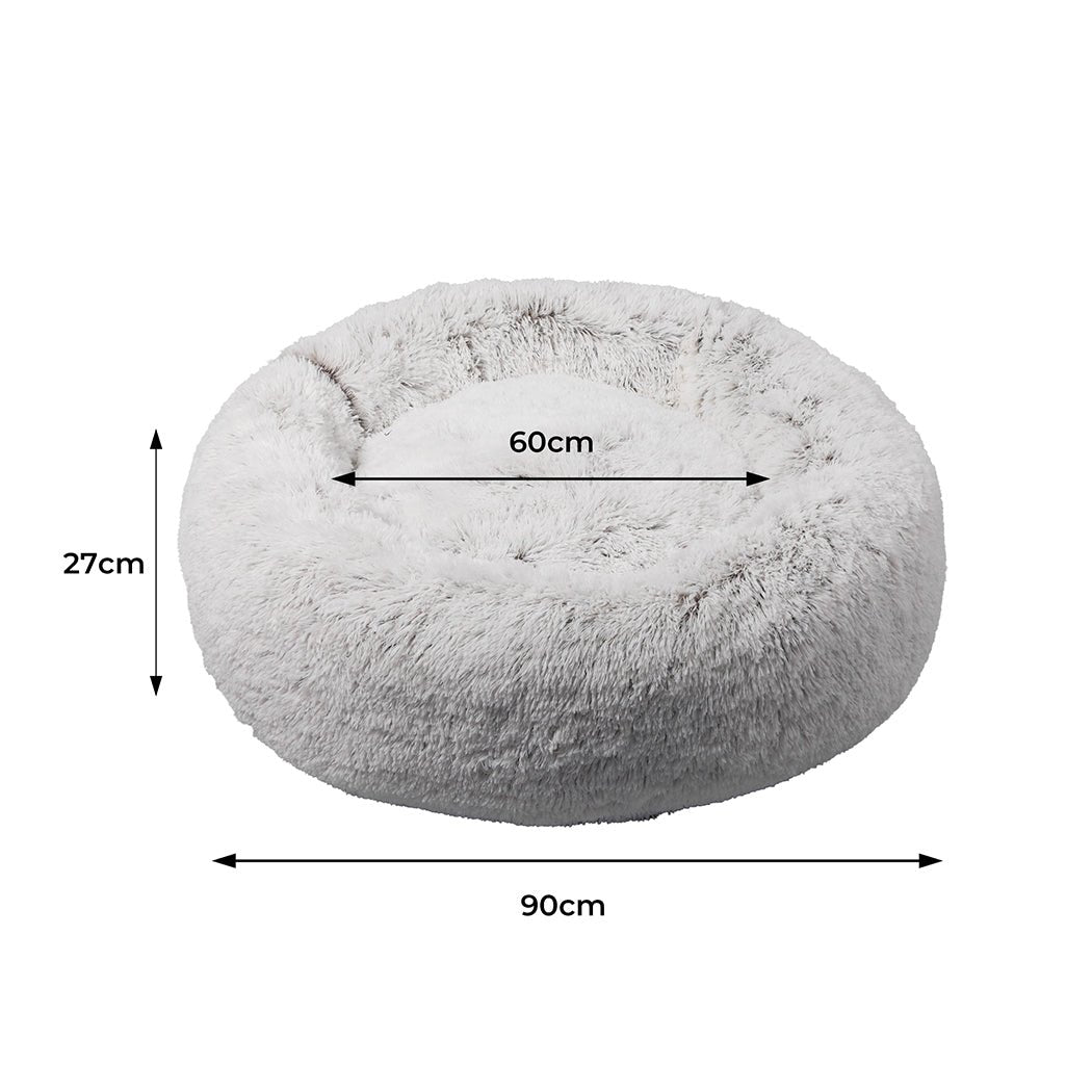 Pet Bed Cat Dog Donut Nest Calming Mat Soft Plush Kennel White with Coffee Hint L - Bedzy Australia