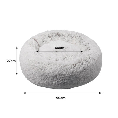 Pet Bed Cat Dog Donut Nest Calming Mat Soft Plush Kennel White with Coffee Hint L - Bedzy Australia