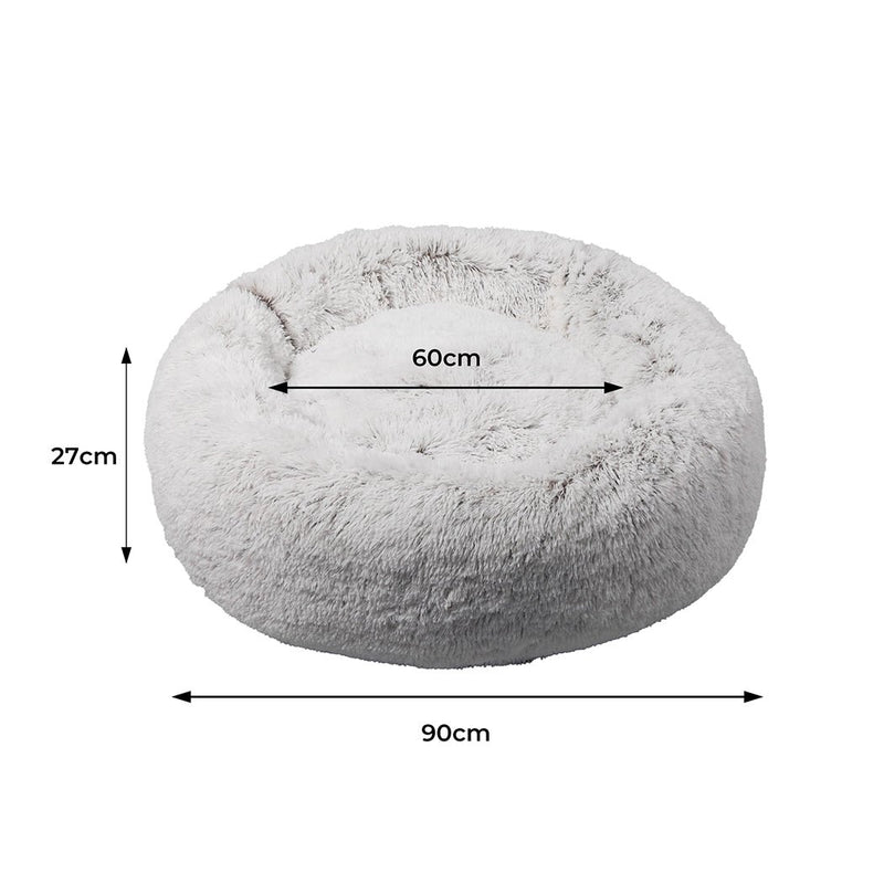Pet Bed Cat Dog Donut Nest Calming Mat Soft Plush Kennel White with Coffee Hint L - Bedzy Australia