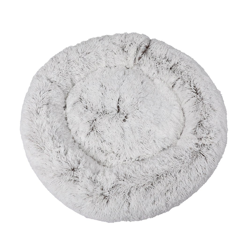 Pet Bed Cat Dog Donut Nest Calming Mat Soft Plush Kennel White with Coffee Hint XL - Bedzy Australia