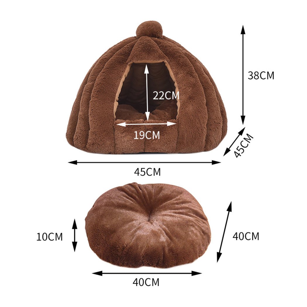 Pet Bed Comfy Kennel Cave Cat Dog Beds Bedding Castle Igloo Nest Brown M - Bedzy Australia