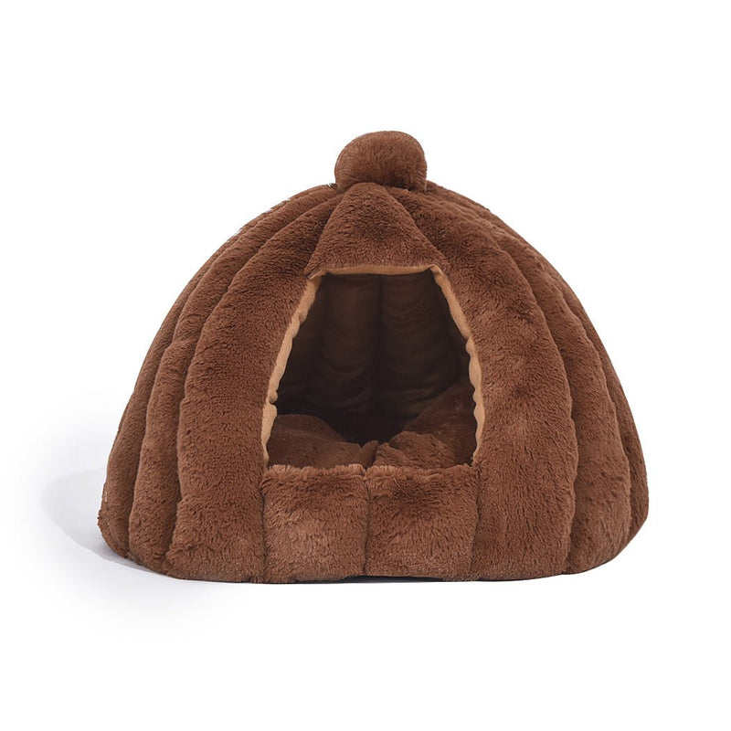 Pet Bed Comfy Kennel Cave Cat Dog Beds Bedding Castle Igloo Nest Brown M - Bedzy Australia