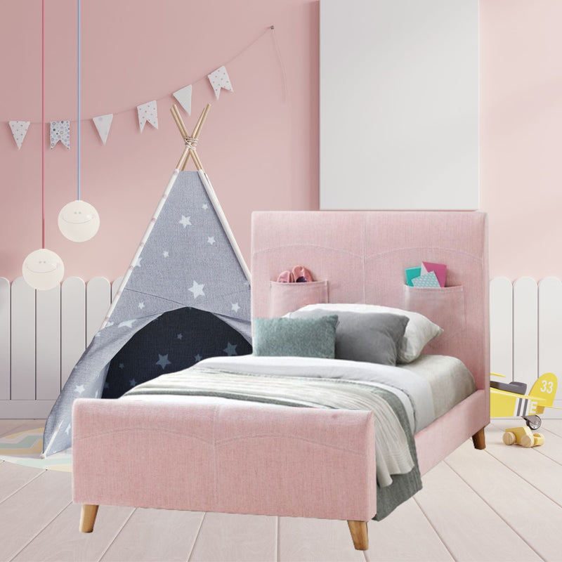 Phlox Kids Child Single Bed Fabric Upholstered Children Kid Timber Frame - Pink - Bedzy Australia (ABN 18 642 972 209) - Furniture > Bedroom