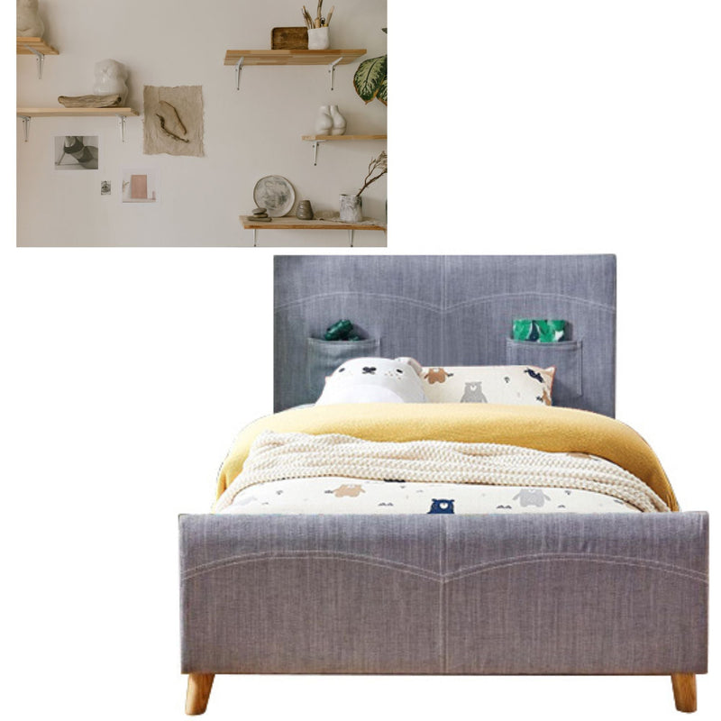 Phlox Kids Child Single Bed Fabric Upholstered Children Kid Timber Frame - Steel - Bedzy Australia (ABN 18 642 972 209) - Furniture > Bedroom