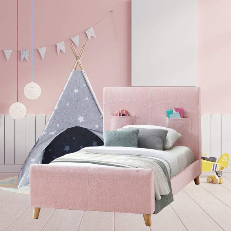 Phlox Kids King Single Bed Fabric Upholstered Children Kid Timber Frame - Pink - Bedzy Australia (ABN 18 642 972 209) - Furniture > Bedroom
