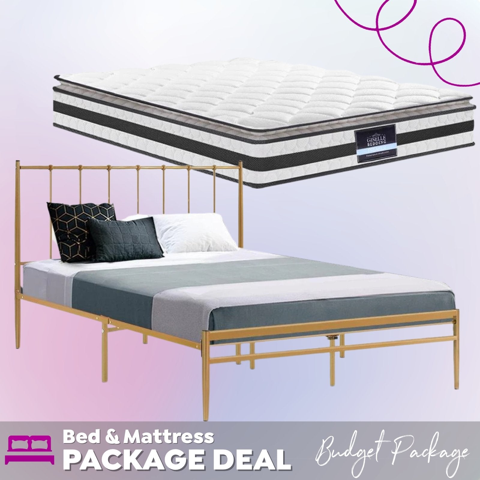 Queen Package | Amor Metal Bed Gold & Normay Pillow Top Mattress (Medium Firm) - Bedzy Australia