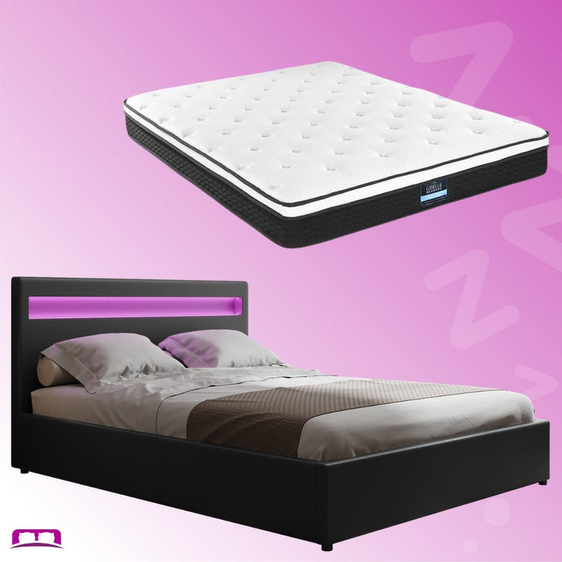 Queen Package | Wanda LED Storage Bed Black & Bonita Euro Top Mattress (Medium Firm) - Bedzy Australia