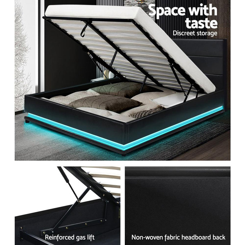 Queen Premium Package | Henley LED Storage Queen Bed Frame Black, Luna Series Euro Top Mattress (Medium Firm) & Bamboo Mattress Topper! - Bedzy Australia