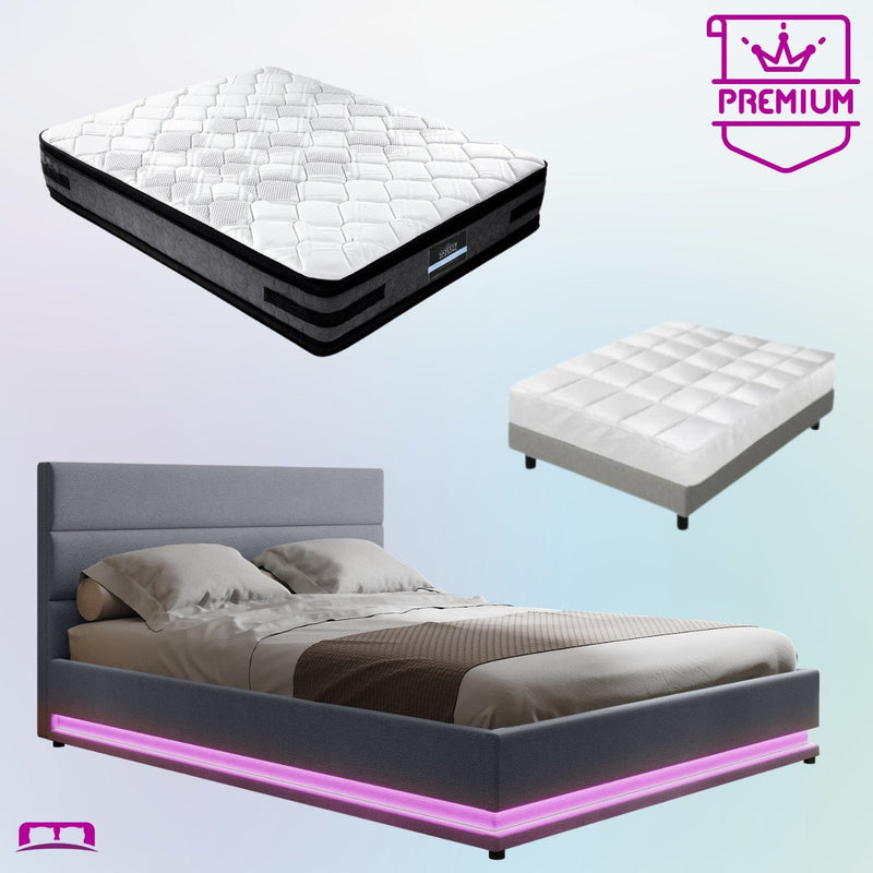 Queen Premium Package | Henley LED Storage Queen Bed Frame Grey, Luna Series Euro Top Mattress (Medium Firm) & Bamboo Mattress Topper! - Bedzy Australia