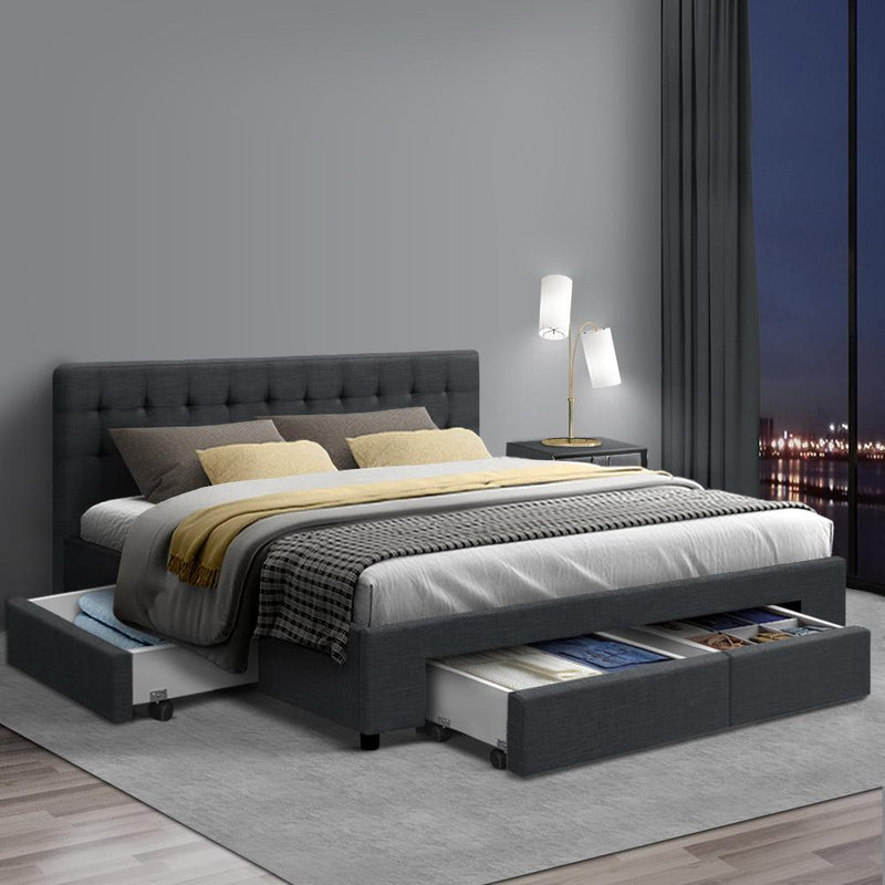 Queen Premium Package | Trinity Queen Bed Frame with Storage Charcoal, Luna Series Euro Top Mattress (Medium Firm) & Bamboo Mattress Topper! - Bedzy Australia