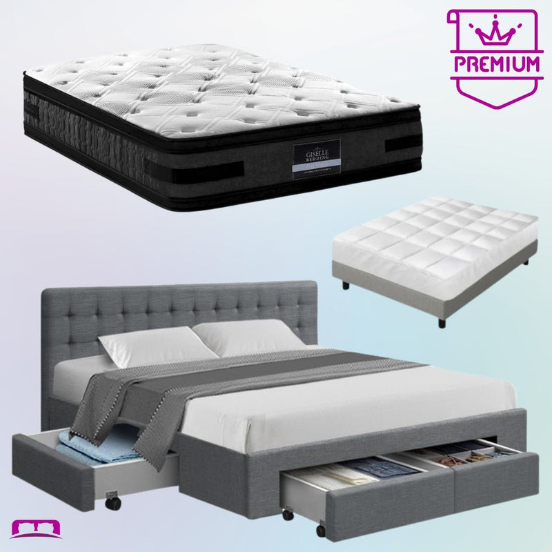 Queen Premium Package | Trinity Queen Bed Frame with Storage Grey, Luna Series Euro Top Mattress (Medium Firm) & Bamboo Mattress Topper! - Bedzy Australia