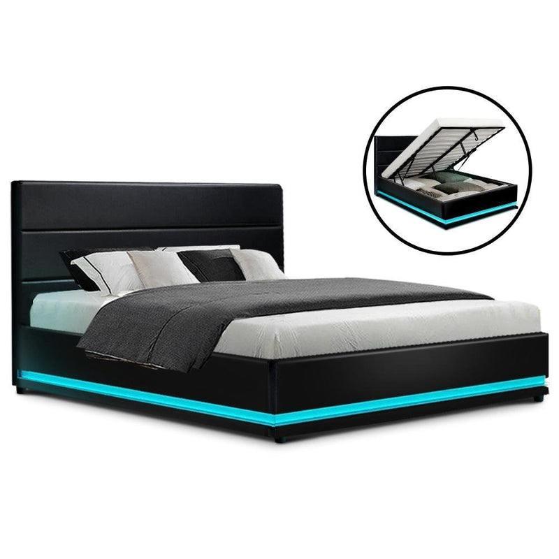 Queen Ultra Package | Henley LED Bed Black, 2 x LED Bedside Tables, Platinum Series 7 Zone Dual Euro Top Mattress, Pillowtop Mattress Topper & 4 x Pillows - Bedzy Australia