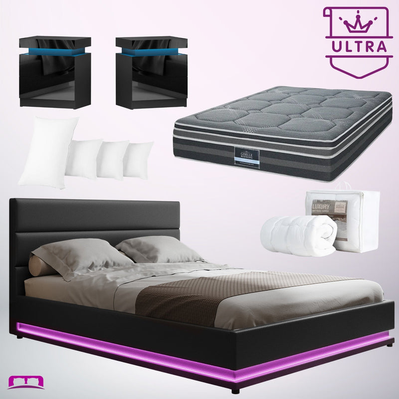 Queen Ultra Package | Henley LED Bed Black, 2 x LED Bedside Tables, Platinum Series 7 Zone Dual Euro Top Mattress, Pillowtop Mattress Topper & 4 x Pillows - Bedzy Australia