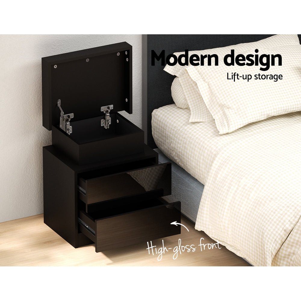 Queen Ultra Package | Henley LED Bed Black, 2 x LED Bedside Tables, Platinum Series 7 Zone Dual Euro Top Mattress, Pillowtop Mattress Topper & 4 x Pillows - Bedzy Australia