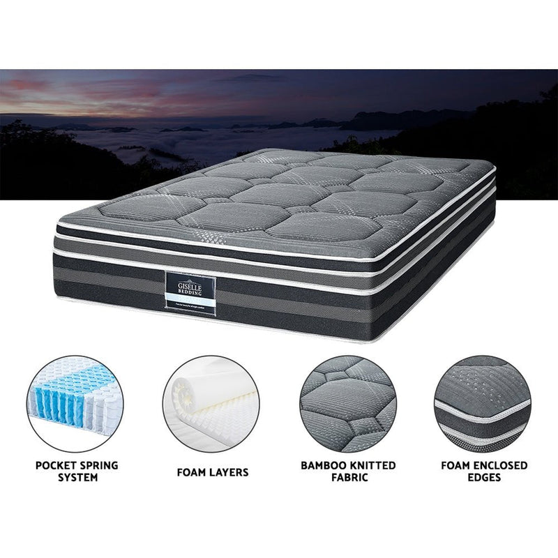 Queen Ultra Package | Henley LED Bed Black, 2 x LED Bedside Tables, Platinum Series 7 Zone Dual Euro Top Mattress, Pillowtop Mattress Topper & 4 x Pillows - Bedzy Australia