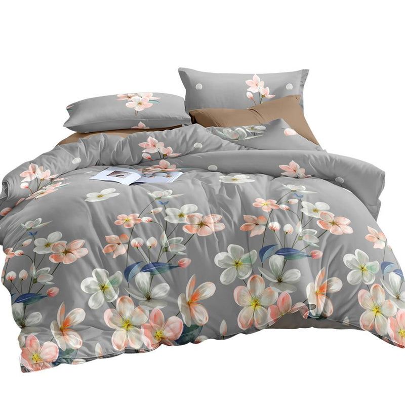 Quilt Cover Set Queen Bed Doona Duvet Reversible Sets Flower Pattern Grey - Bedzy Australia