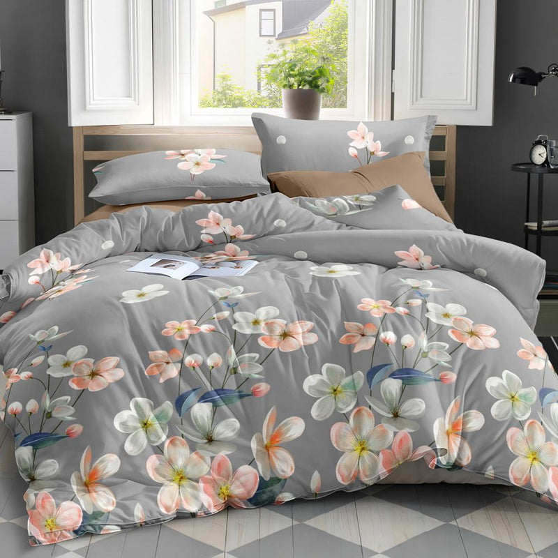 Quilt Cover Set Queen Bed Doona Duvet Reversible Sets Flower Pattern Grey - Bedzy Australia