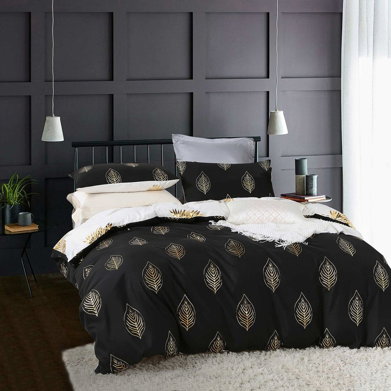 Reversible Design Queen Size Black Gold Duvet Doona Quilt Cover Set - Home & Garden > Bedding - Bedzy Australia