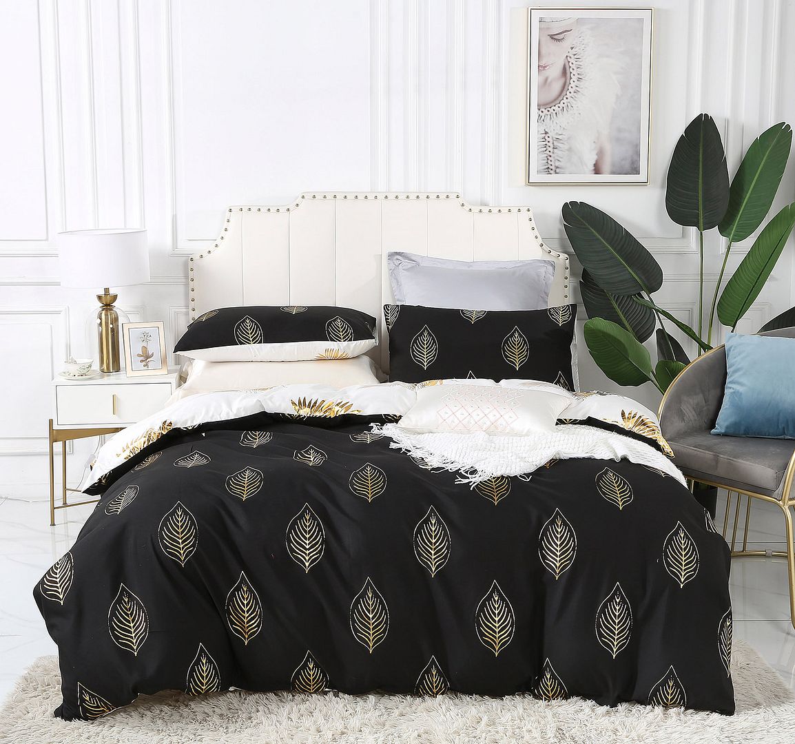 Reversible Design Queen Size Black Gold Duvet Doona Quilt Cover Set - Home & Garden > Bedding - Bedzy Australia