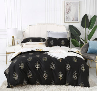 Reversible Design Queen Size Black Gold Duvet Doona Quilt Cover Set - Home & Garden > Bedding - Bedzy Australia