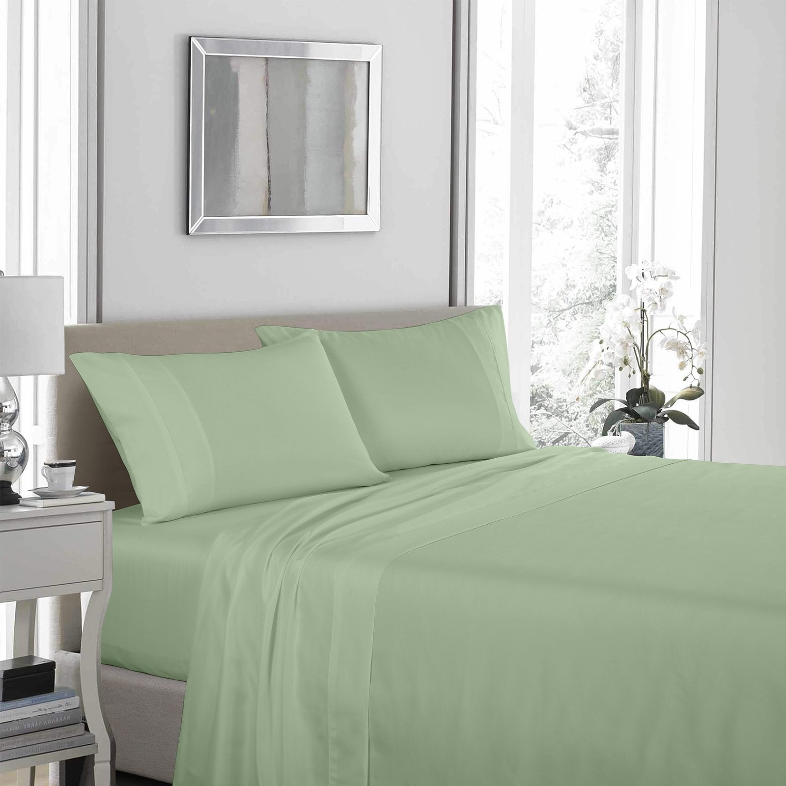 Royal Comfort 1200 Thread Count Sheet Set 4 Piece Ultra Soft Satin Weave Finish Double Sage Green - Bedzy Australia