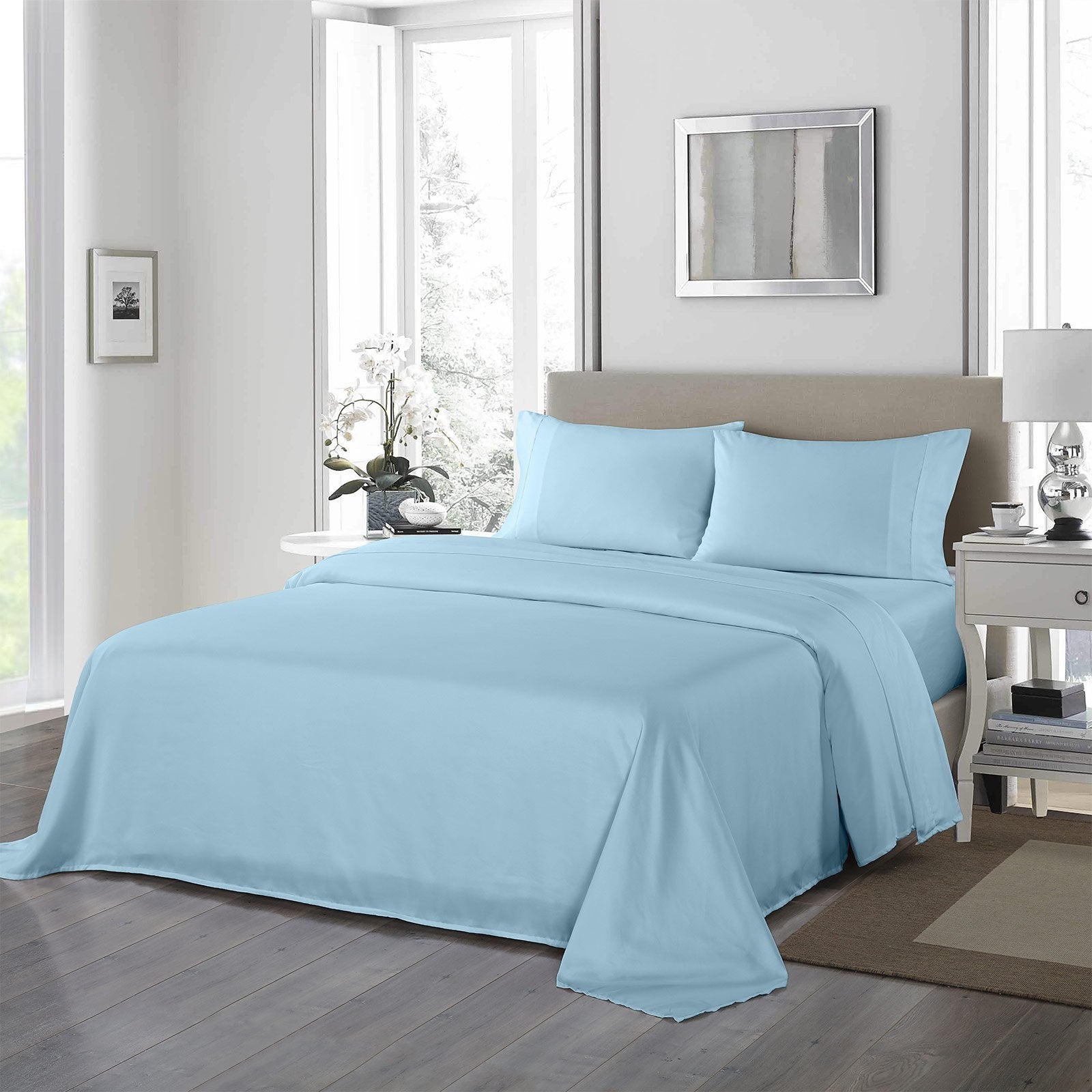 Royal Comfort 1200 Thread Count Sheet Set 4 Piece Ultra Soft Satin Weave Finish Double Sky Blue - Bedzy Australia