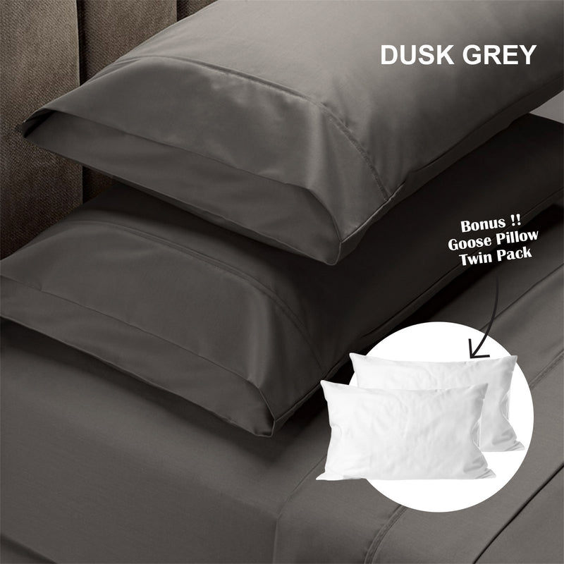 Royal Comfort 4 Piece 1500TC Sheet Set And Goose Feather Down Pillows 2 Pack Set Double Dusk Grey - Bedzy Australia