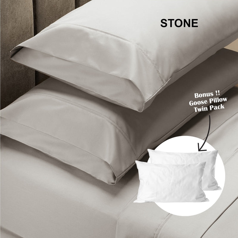 Royal Comfort 4 Piece 1500TC Sheet Set And Goose Feather Down Pillows 2 Pack Set King Stone - Bedzy Australia