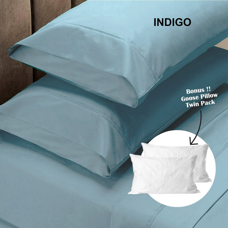 Royal Comfort 4 Piece 1500TC Sheet Set And Goose Feather Down Pillows 2 Pack Set Queen Indigo - Bedzy Australia