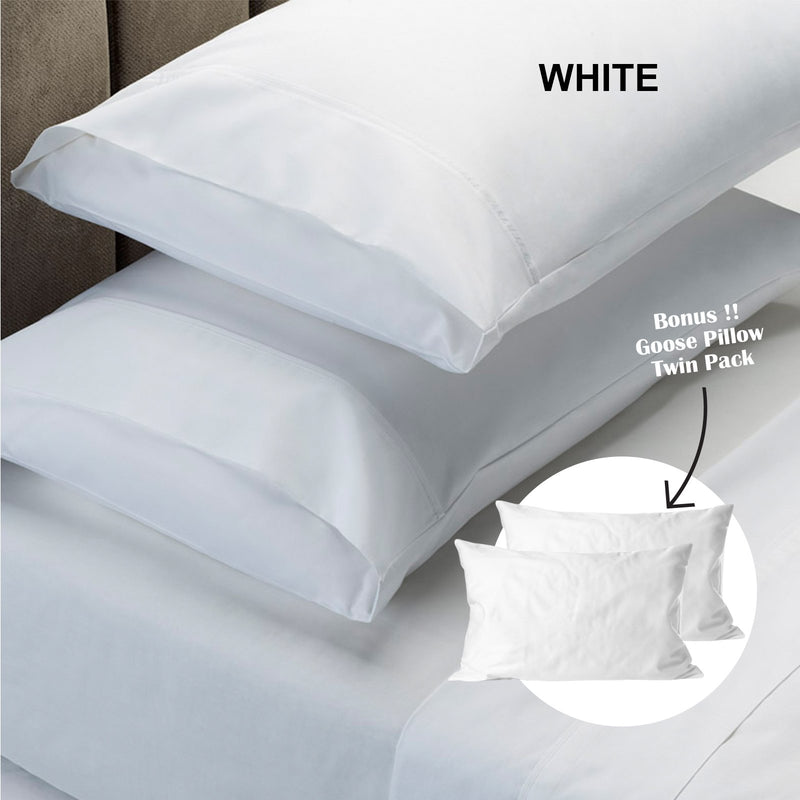Royal Comfort 4 Piece 1500TC Sheet Set And Goose Feather Down Pillows 2 Pack Set Queen White - Bedzy Australia