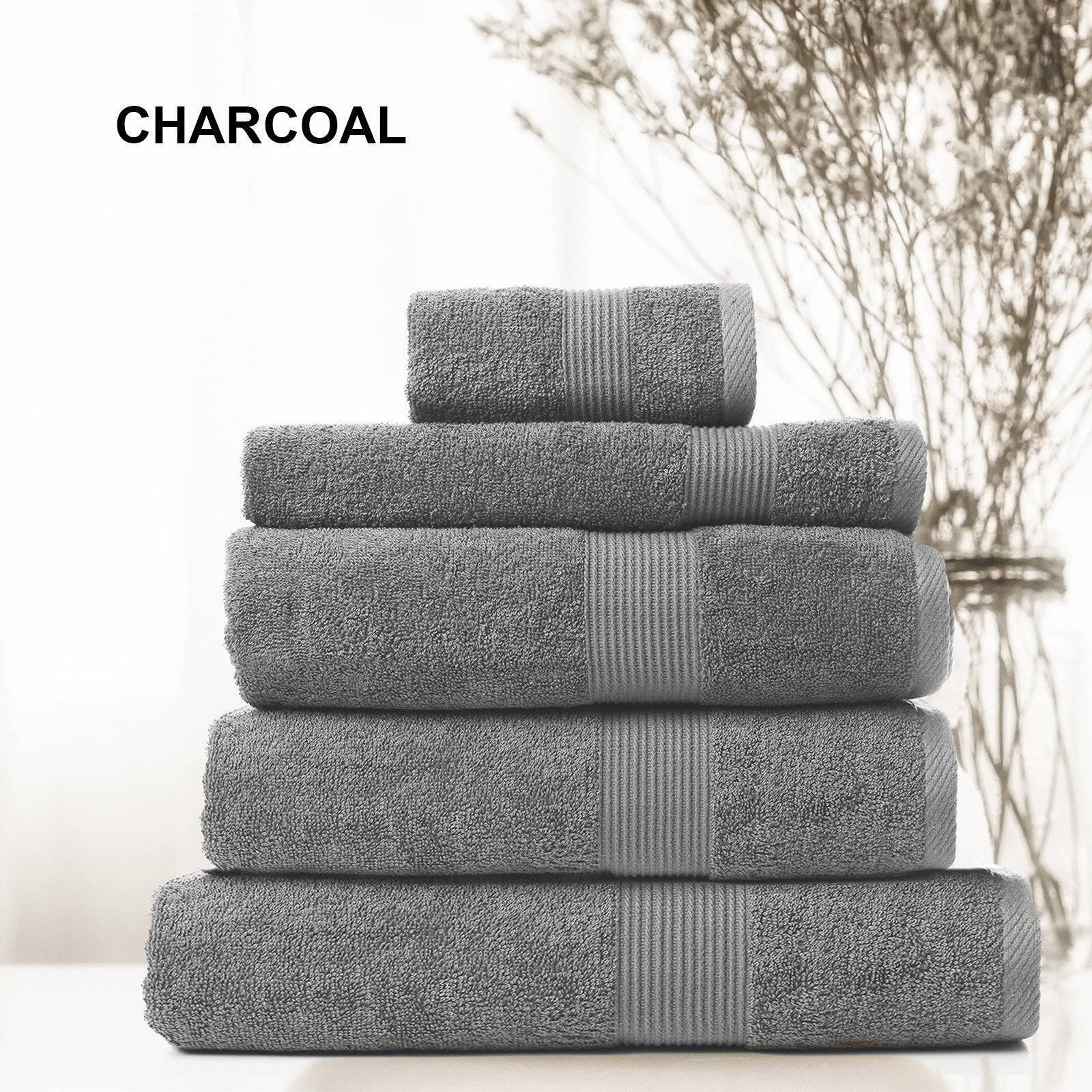 Royal Comfort 5 Piece Cotton Bamboo Towel Set 450GSM Luxurious Absorbent Plush Charcoal - Bedzy Australia