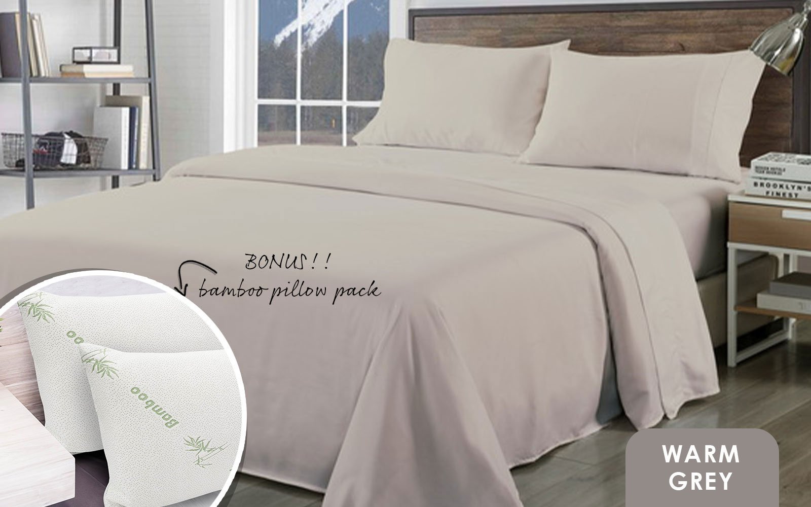 Royal Comfort Bamboo Blend Sheet Set 1000TC and Bamboo Pillows 2 Pack Ultra Soft King Warm Grey - Bedzy Australia