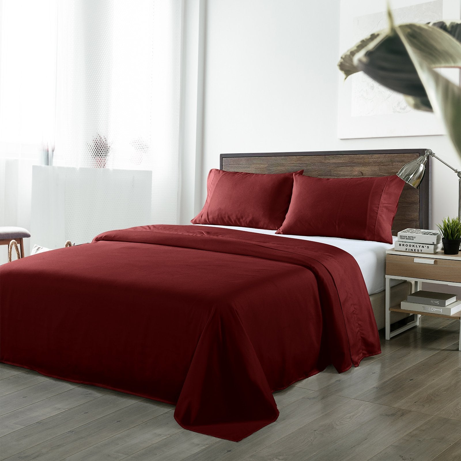 Royal Comfort Bamboo Blended Sheet & Pillowcases Set 1000TC Ultra Soft Bedding Queen Malaga Wine - Bedzy Australia