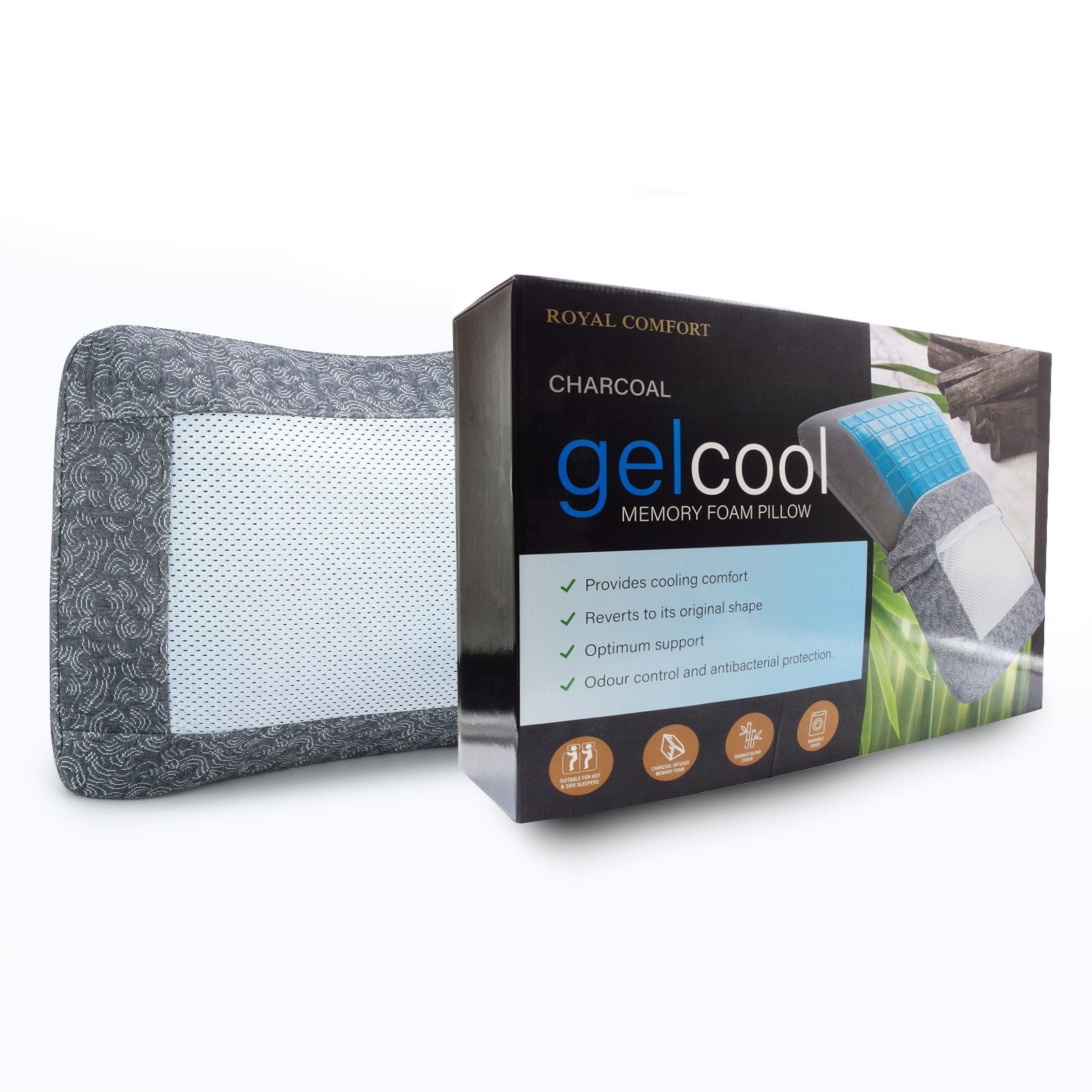 Royal Comfort Cool Gel Charcoal Infused High Density Memory Foam Pillow 40 x 60 cm Charcoal, Blue - Bedzy Australia