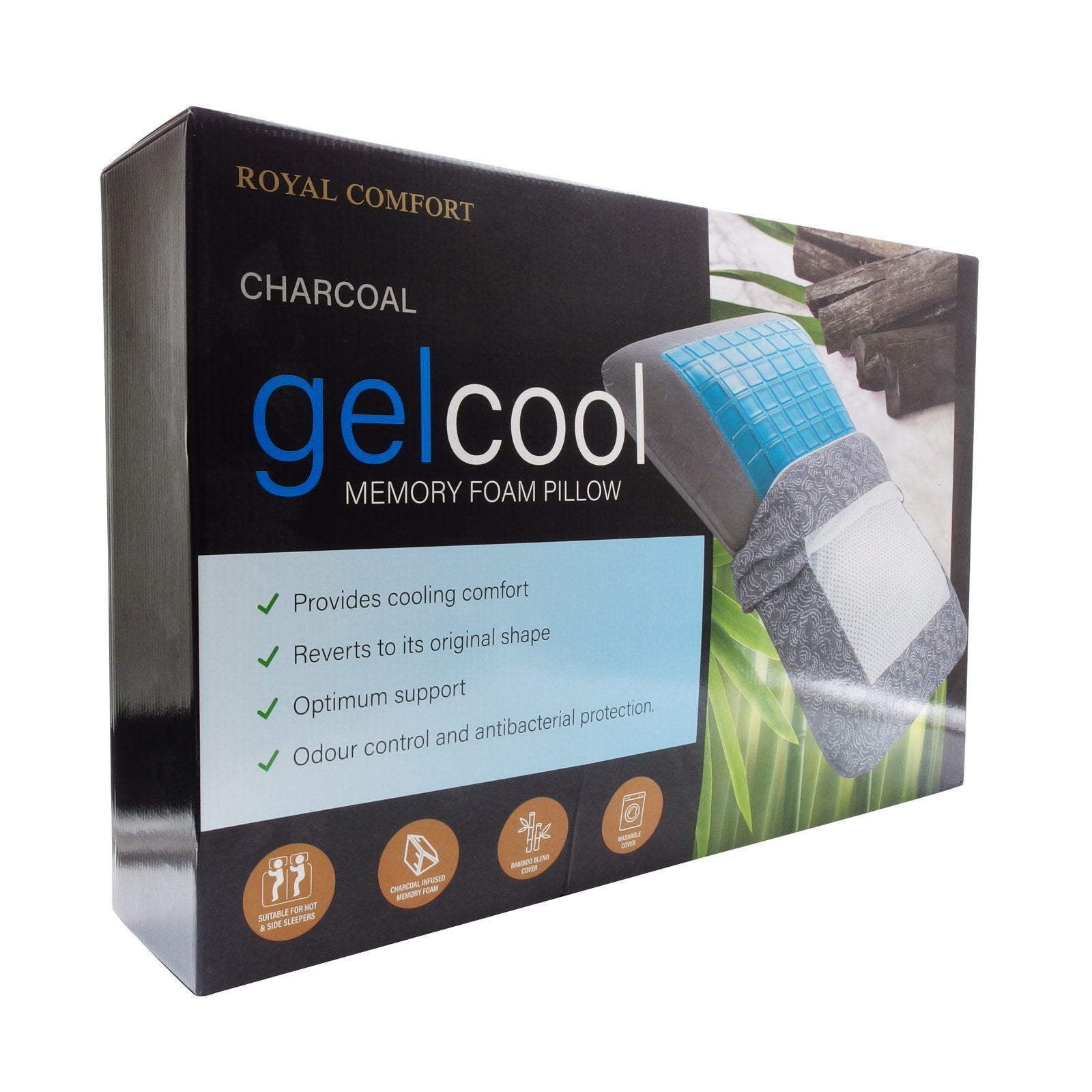 Royal Comfort Cool Gel Charcoal Infused High Density Memory Foam Pillow 40 x 60 cm Charcoal, Blue - Bedzy Australia