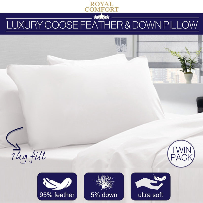 Royal Comfort Goose Down Feather Pillows 1000GSM 100% Cotton Cover - Twin Pack 50 x 75 cm White - Bedzy Australia