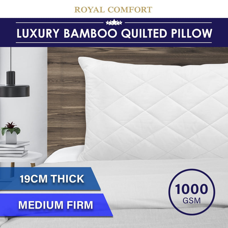 Royal Comfort Luxury Bamboo Blend Quilted Pillow Single Pack Extra Fill Support 50 x 75cm White - Bedzy Australia