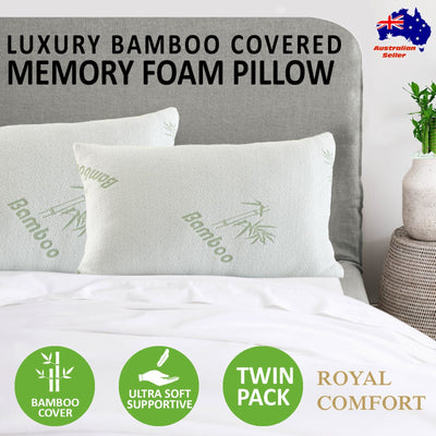 Royal Comfort Luxury Bamboo Covered Memory Foam Pillow Twin Pack Hypoallergenic 56 x 36 x 10 cm White, Green - Bedzy Australia